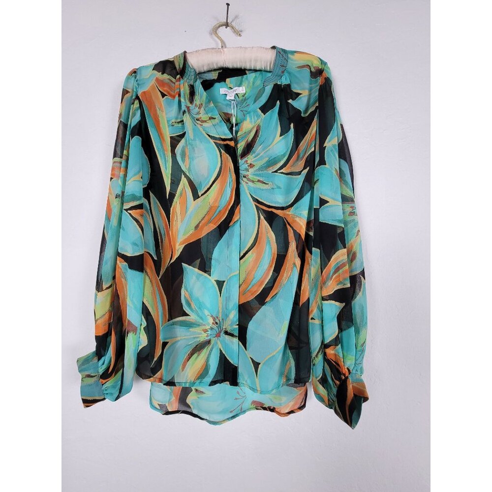 Chico's Womens Floral Flare Blouse Top Size 4 Woven Pattern Long Sleeves NWT $99